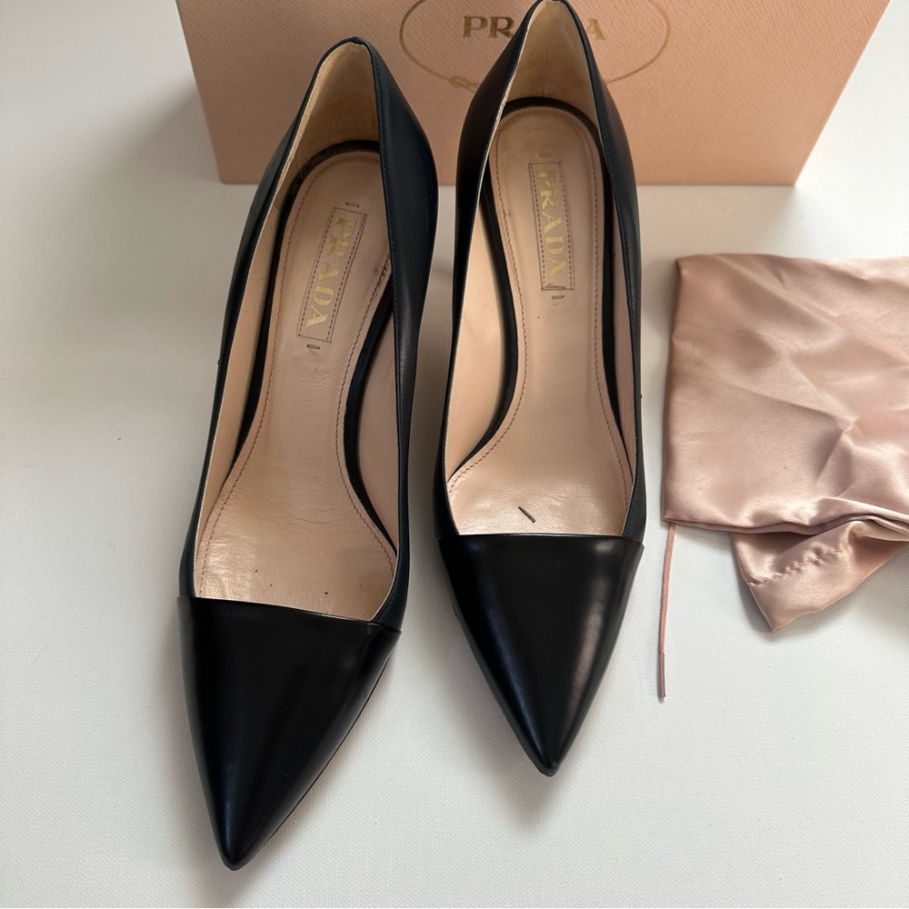 Prada Vitello Navy Black Leather Heels